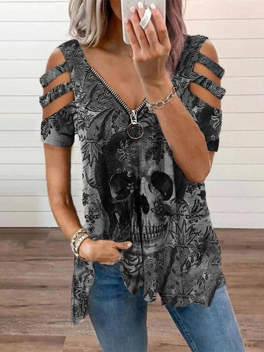 Printed V-neck Zip Off Shoulder Short Sleeve T-shirt - LuckyFash™