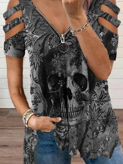 Printed V-neck Zip Off Shoulder Short Sleeve T-shirt - LuckyFash™