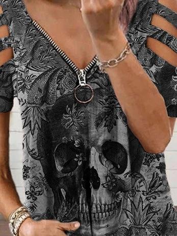 Printed V-neck Zip Off Shoulder Short Sleeve T-shirt - LuckyFash™