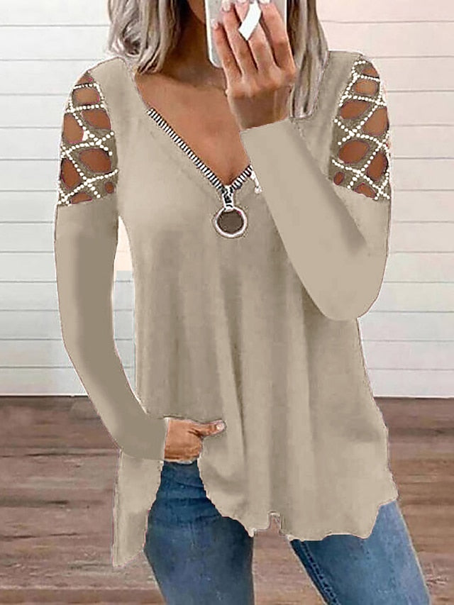 Women's Blouse Black Pink Wine Plain Cut Out Flowing tunic Long Sleeve Casual Weekend Basic V Neck Regular S - LuckyFash™