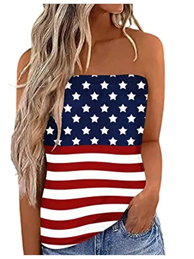 Women's Bandeau Black Red Blue American Flag Stars and Stripes Backless Print Sleeveless Party Weekend Streetwear Casual Strapless Regular Independence Day S - LuckyFash™