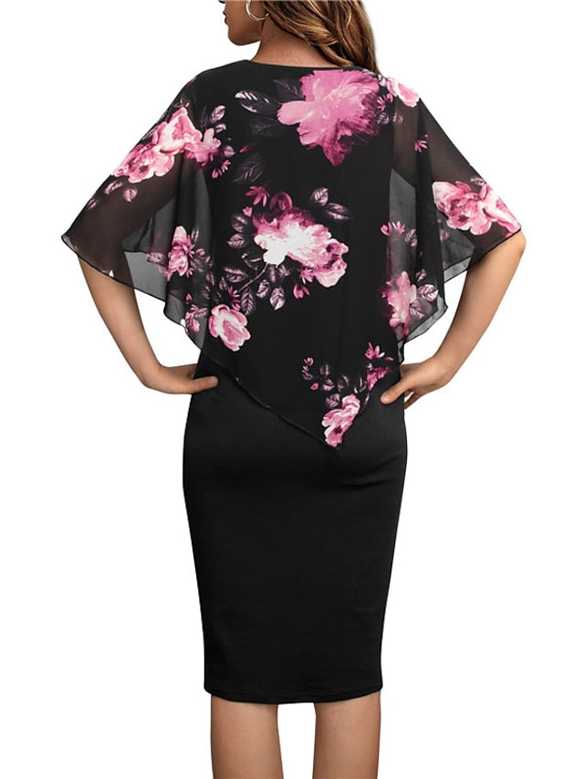 Work Dress Sheath Dress Church Dress Midi Dress Black Pink Wine Half Sleeve Floral Fake two piece Summer Spring V Neck Elegant Office Wedding Guest Summer Dress  S M L XL XXL for Women - LuckyFash™