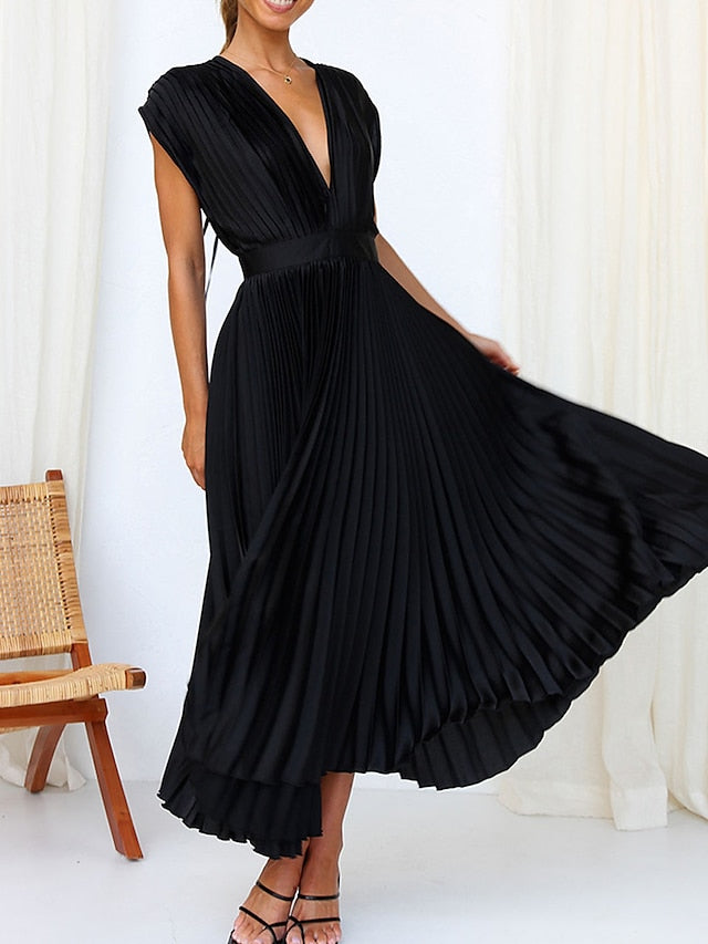 Women's Wedding Guest Dress Swing Dress Formal Dress Long Dress Maxi Dress Black Pink Red Sleeveless Pure Color Pleated Summer Spring Fall V Neck Party Evening Party Wedding Guest Vacation Loose Fit - LuckyFash™