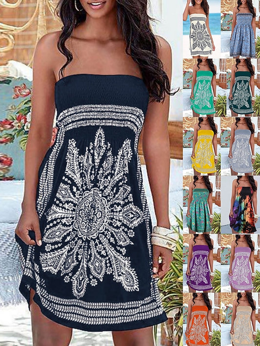 Women's Beach Dress Resort Wear Beach Wear Mini Dress Print Hot Elegant Graphic Strapless Sleeveless Standard Fit Daily Going out Multicolor Black 2023 Summer Spring S M L XL - LuckyFash™