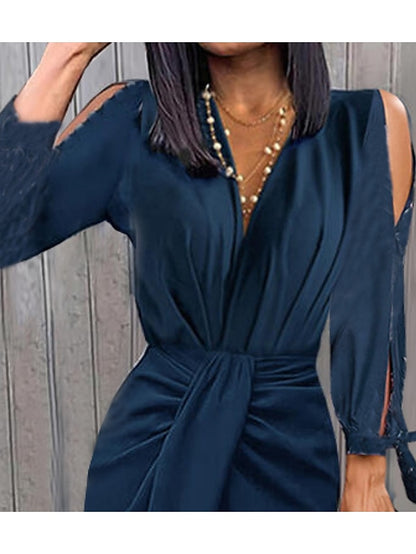 Women's Shirt Dress Sheath Dress Midi Dress Dark Blue Long Sleeve Leaf Ruched Summer Spring V Neck Modern Winter Dress Office Wedding Guest 2023 S M L XL XXL 3XL - LuckyFash™