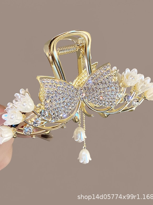 1PC Women's Hair Claws Hair Claw For Wedding Party Evening Birthday-Glitter Imitation Pearl Rhinestone Alloy Metal Bell Orchids Gold Fashion Nonslip - LuckyFash™