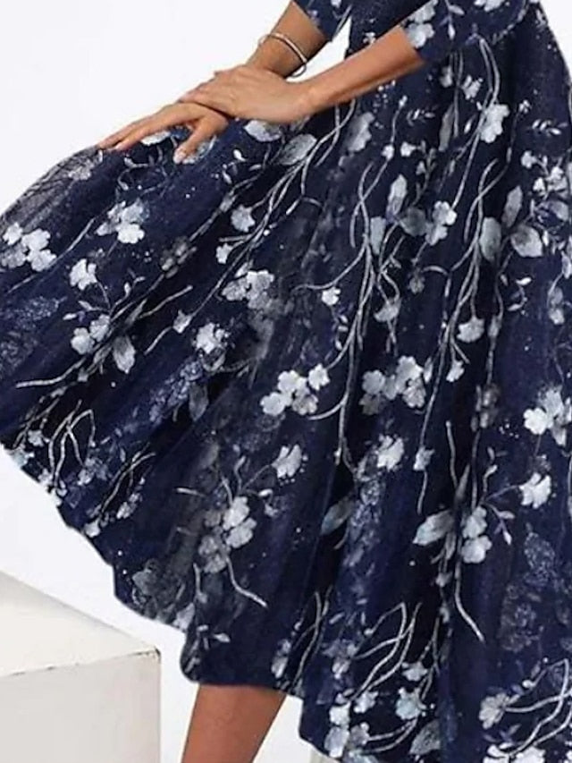 Womenâ€˜s A Line Dress Midi Dress Dusty Blue 3/4 Length Sleeve Floral Ruched Print Spring Summer Crew Neck Elegant Casual Vintage 2023 S M L XL XXL 3XL - LuckyFash™