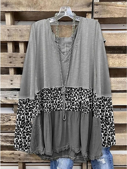 Women's Blouse Gray Leopard Color Block Print Long Sleeve Daily Vacation Basic Casual V Neck Plus Size L - LuckyFash™