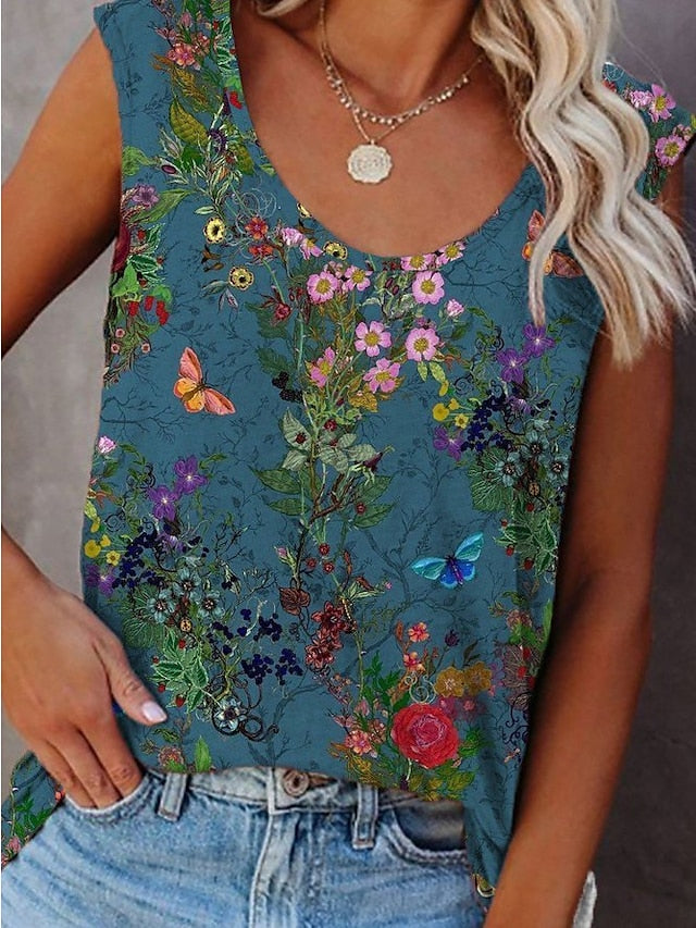 Women's Tank Top Blue Floral Butterfly Print Sleeveless Casual Holiday Basic U Neck Regular Floral S - LuckyFash™