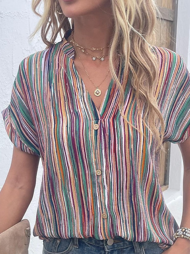 Women's Shirt Blouse Rainbow Striped Button Print Short Sleeve Casual Basic V Neck Regular S - LuckyFash™