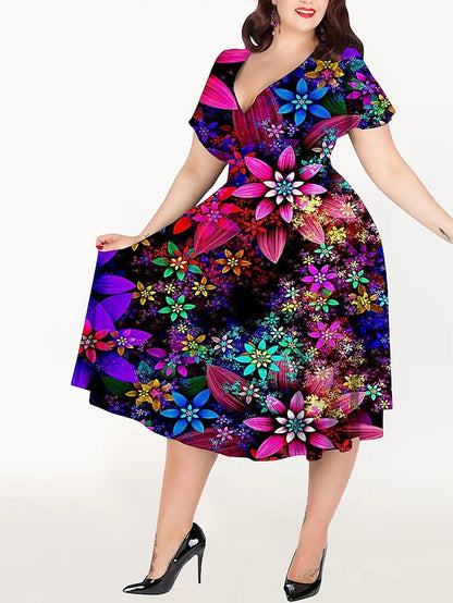 Women's Plus Size Casual Dress A Line Dress Floral Midi Dress Short Sleeve Print V Neck Elegant Holiday Multicolor Yellow Summer Spring L XL XXL 3XL 4XL - LuckyFash™