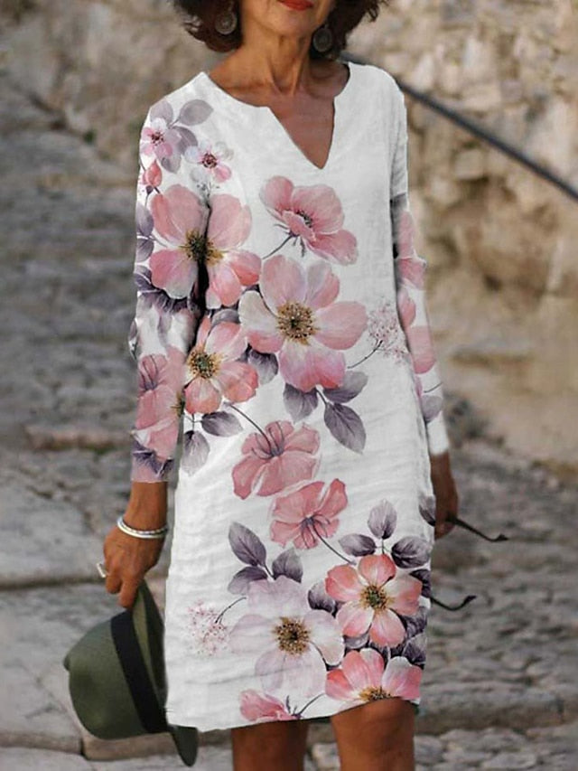 Womenâ€˜s A Line Dress Knee Length Dress White Yellow Pink Long Sleeve Floral Print Winter Fall Autumn V Neck Casual Winter Dress Fall Dress 2023 S M L XL XXL 3XL - LuckyFash™