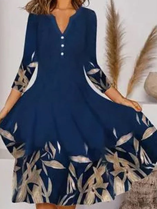 A Line Dress Midi Dress Dark Blue Long Sleeve Floral Print Summer Spring V Neck Casual Winter Dress Fall Dress  S M L XL XXL 3XL for Women - LuckyFash™