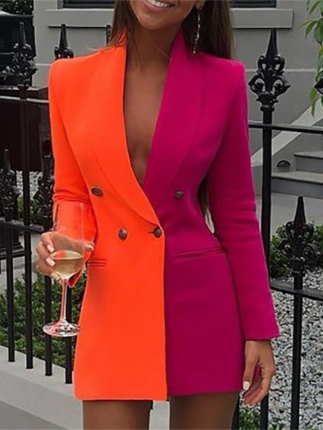 Women's Work Dress Blazer Dress Black Yellow Red Long Sleeve Color Block Patchwork Fall Winter Turndown Fashion 2023 S M L XL XXL 3XL - LuckyFash™