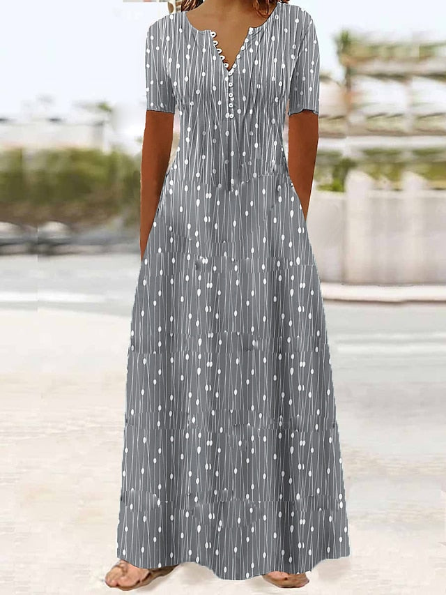 Women's Long Dress Maxi Dress Casual Dress A Line Dress Print Dress Graphic Streetwear Casual Daily Holiday Vacation Button Pocket Short Sleeve V Neck Dress Regular Fit Red Blue Dark Blue Summer - LuckyFash™