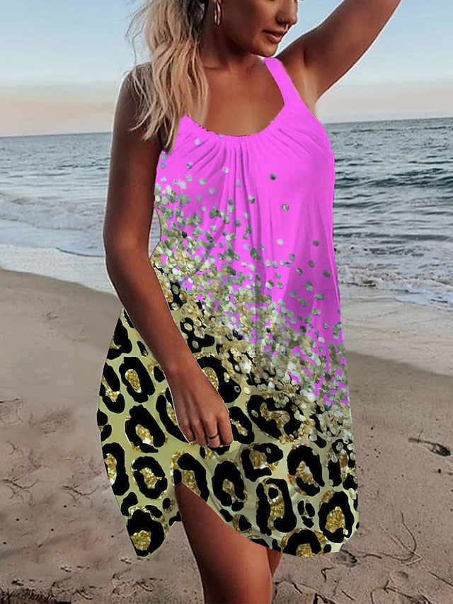 Women's Beach Dress Beach Wear Mini Dress Print Tropical Fashion Leopard Spaghetti Strap Sleeveless Loose Fit Outdoor Daily Blue Fuchsia 2023 Summer Spring S M L XL - LuckyFash™