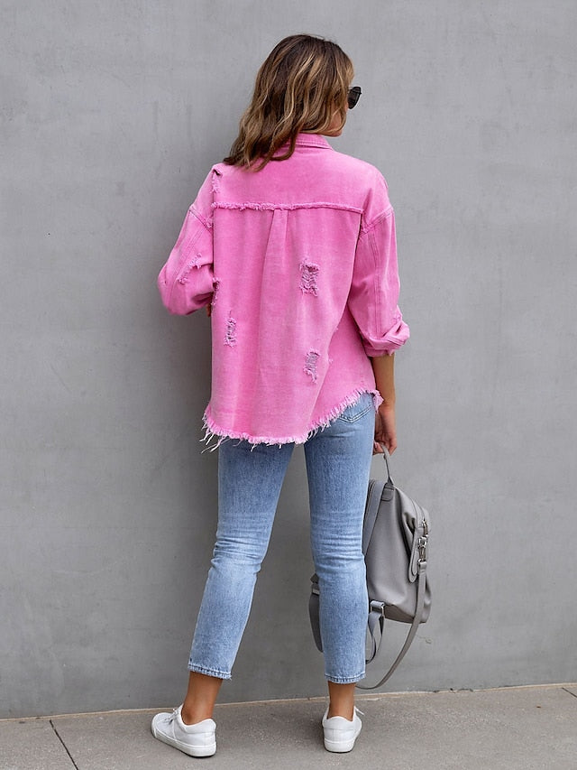 Shacket Pink Purple Orange Plain Button Pocket Long Sleeve Casual Daily Basic Shirt Collar Regular Denim S for Women - LuckyFash™