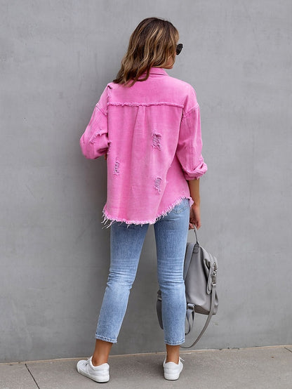 Shacket Pink Purple Orange Plain Button Pocket Long Sleeve Casual Daily Basic Shirt Collar Regular Denim S for Women - LuckyFash™