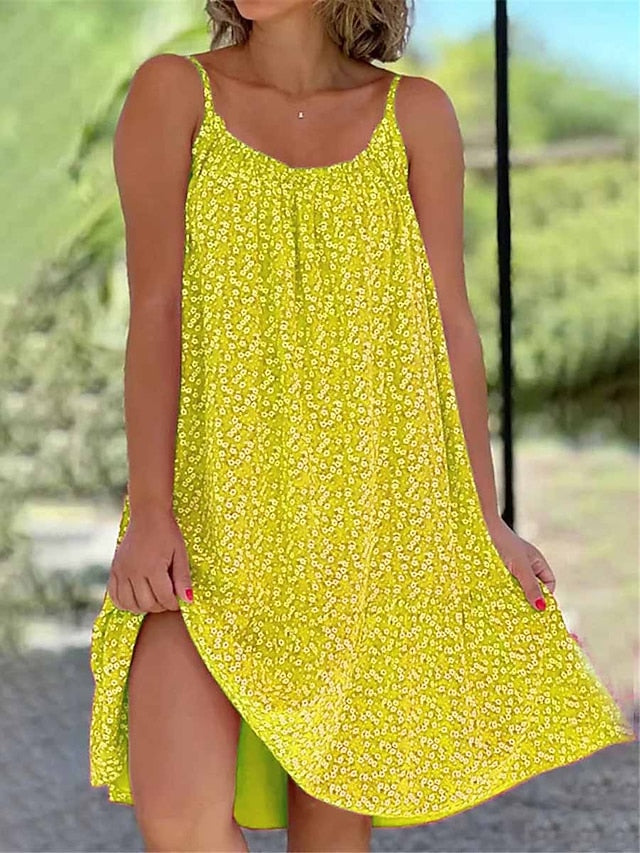 Women's Beach Dress Beach Wear Mini Dress Print Tropical Fashion Floral Spaghetti Strap Sleeveless Loose Fit Outdoor Daily Black Yellow 2023 Summer Spring S M L XL - LuckyFash™