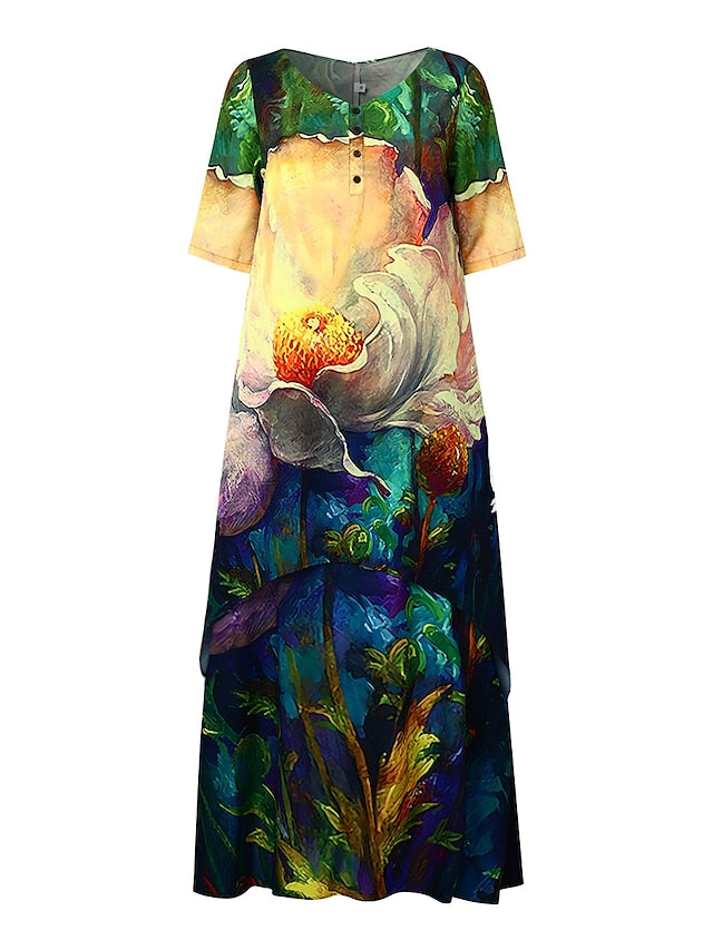 Women's Casual Dress Swing Dress Long Dress Maxi Dress Green Blue Khaki Long Sleeve Animal Pocket Spring Summer V Neck Spring Dress Weekend Loose Fit 2023 S M L XL XXL 3XL 4XL - LuckyFash™