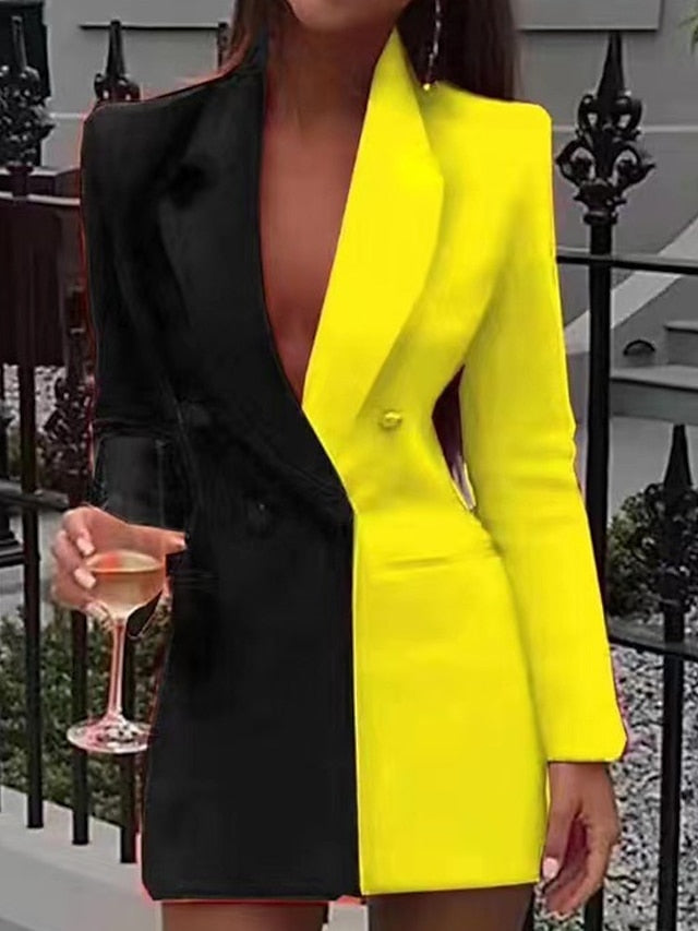 Women's Work Dress Blazer Dress Black Yellow Red Long Sleeve Color Block Patchwork Fall Winter Turndown Fashion 2023 S M L XL XXL 3XL - LuckyFash™