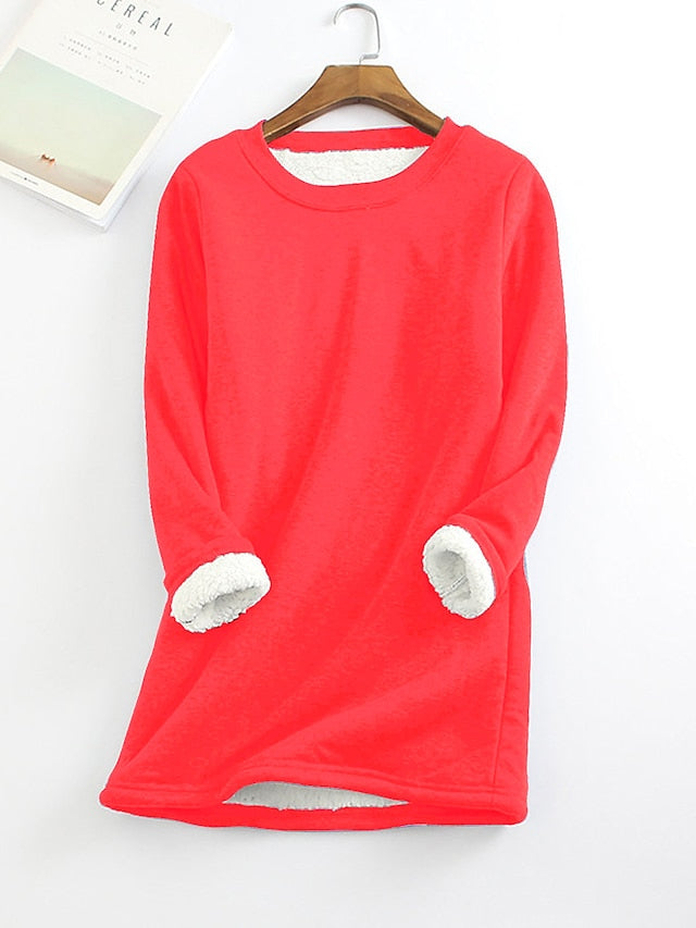 Basic Casual Wine Red Big red Black Solid Color Home Crew Neck Long Sleeve for Women - LuckyFash™