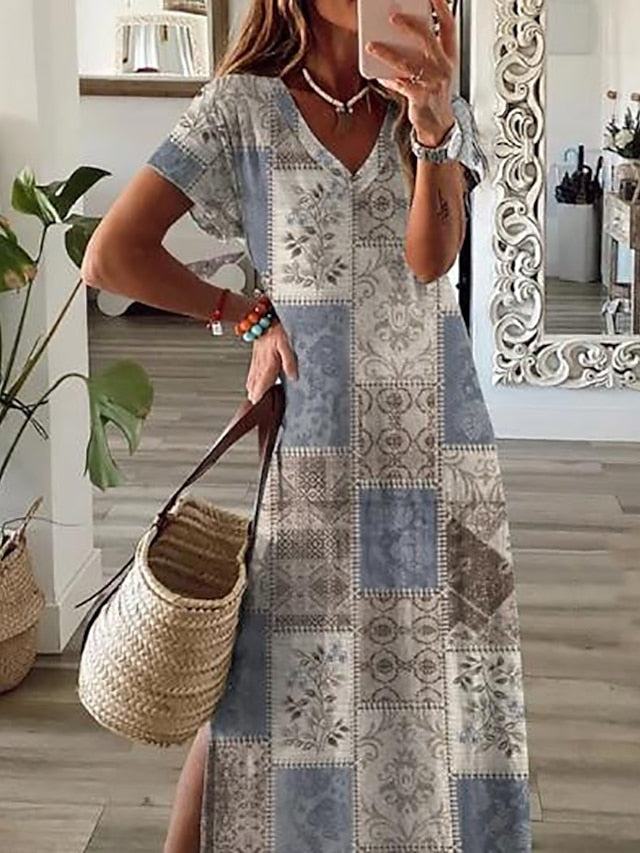 Women's A Line Dress Long Dress Maxi Dress Blue Short Sleeve Print Split Spring Summer V Neck Casual Loose Fit 2023 S M L XL XXL 3XL - LuckyFash™