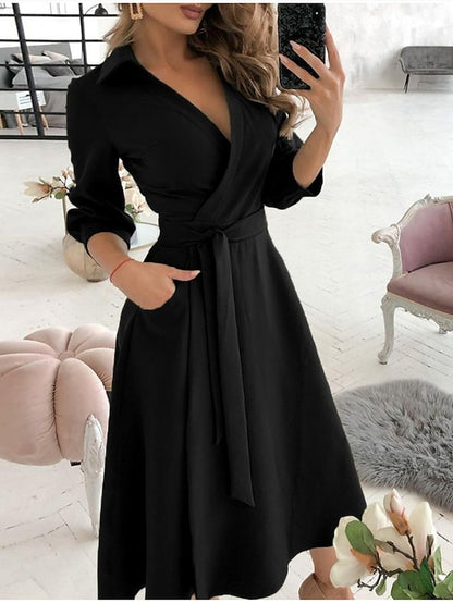 Work Dress Formal Dress Wrap Dress Midi Dress Letter printing Butterfly print Big wave point Long Sleeve Graphic Lace up Summer Spring Shirt Collar Fashion Winter Dress Office Fall Dress  for Women - LuckyFash™