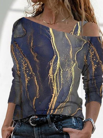 Women's T shirt Tee Yellow Purple Gold Graphic Cold Shoulder Print Long Sleeve Casual Weekend Basic One Shoulder Regular Abstract Painting S - LuckyFash™