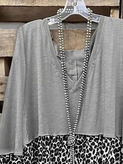 Women's Blouse Gray Leopard Color Block Print Long Sleeve Daily Vacation Basic Casual V Neck Plus Size L - LuckyFash™