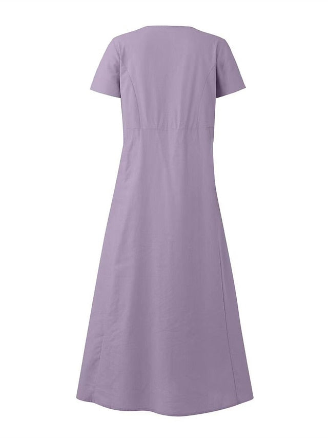 Cotton Linen Dress Casual Dress Swing Dress Maxi long Dress Linen Cotton Blend Fashion Classic Outdoor Daily Vacation Crew Neck Pocket Short Sleeve Summer Spring  Loose Fit Black Pink Sky for Women - LuckyFash™