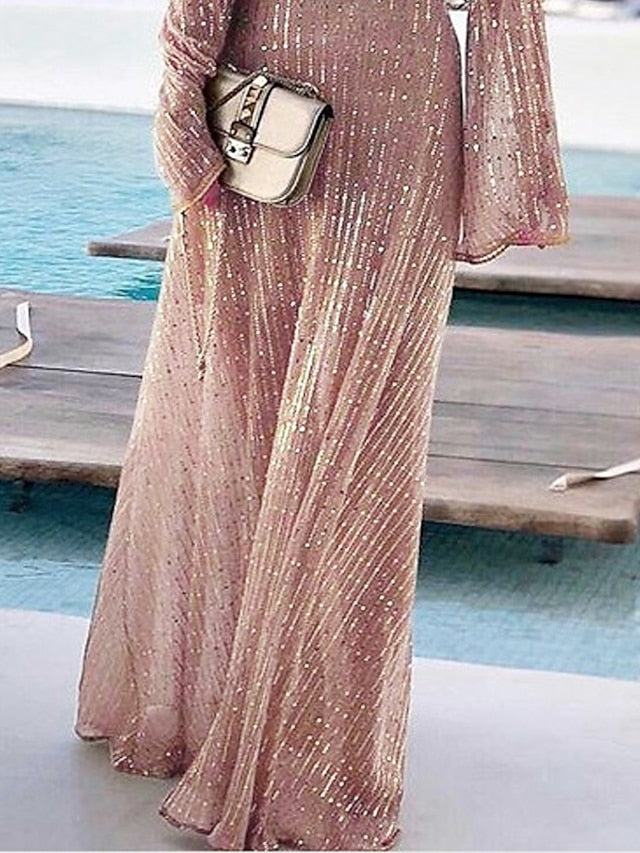 Womenâ€˜s A Line Dress Wedding Guest Maxi long Dress Beige Long Sleeve Solid Color Sequins Fall Winter V Neck Stylish Elegant Formal Party 2023 S M L XL / Party Dress - LuckyFash™