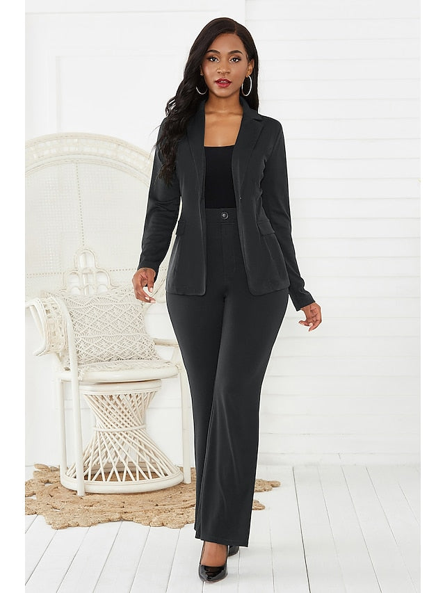 Women's Blazer Office Suit Pants Sets Basic Green Black Office Wear to work Solid Color Shirt Collar S M L XL - LuckyFash™