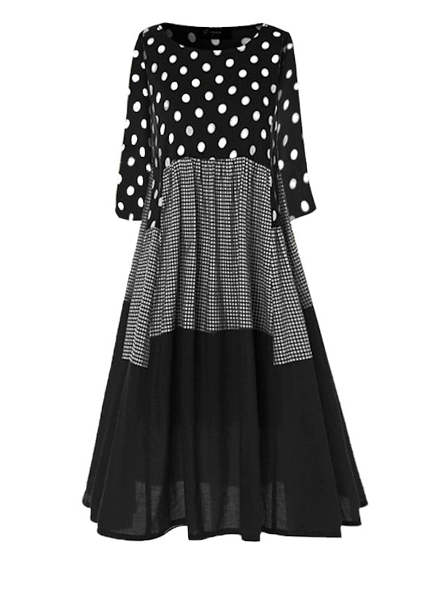 Women's A Line Dress Maxi long Dress Black Yellow Red Long Sleeve Polka Dot Patchwork Summer Spring Crew Neck Hot Winter Dress Fall Dress Loose Fit 2023 M L XL XXL 3XL 4XL 5XL - LuckyFash™