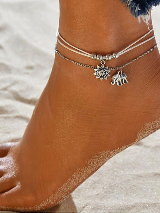 Ankle Bracelet Stylish Simple Body Jewelry For Daily Holiday Layered Alloy Elephant Sun Silver 1pcs for Women - LuckyFash™