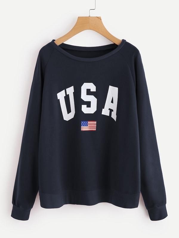 Raglan Sleeve Letter & American Flag Print Sweatshirt - LuckyFash™