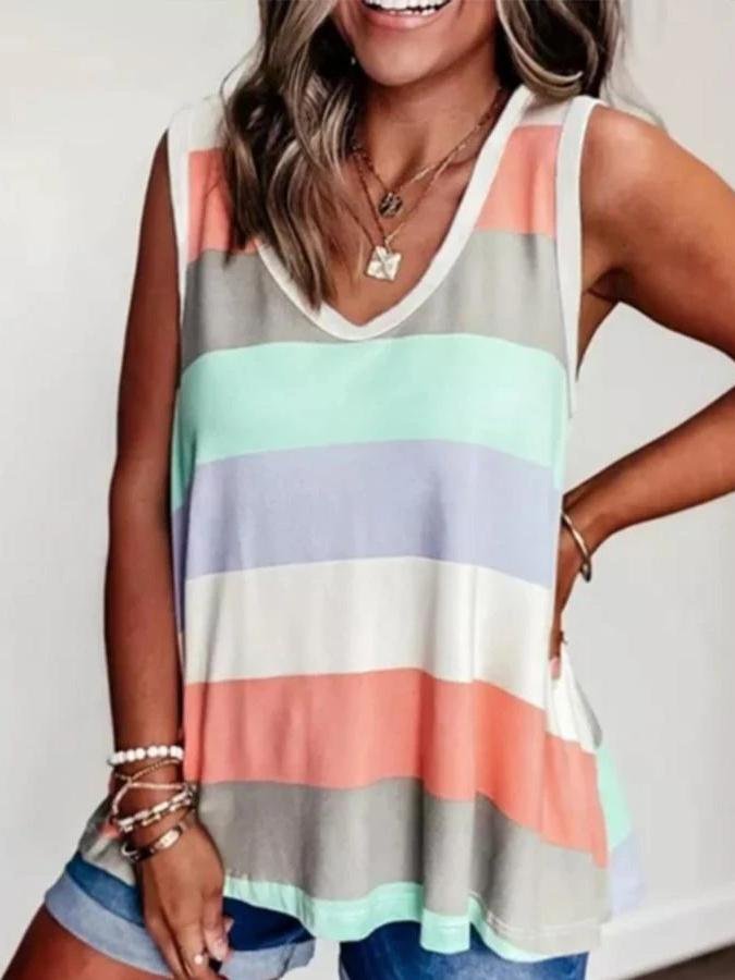 Rainbow Stripe Printed V-Neck Loose Tank Tops - LuckyFash™