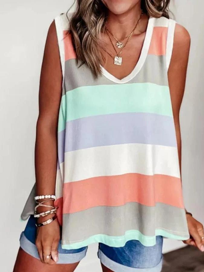 Rainbow Stripe Printed V-Neck Loose Tank Tops - LuckyFash™