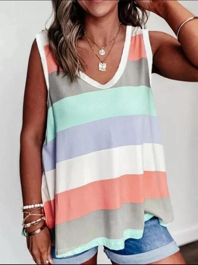 Rainbow Stripe Printed V-Neck Loose Tank Tops - LuckyFash™