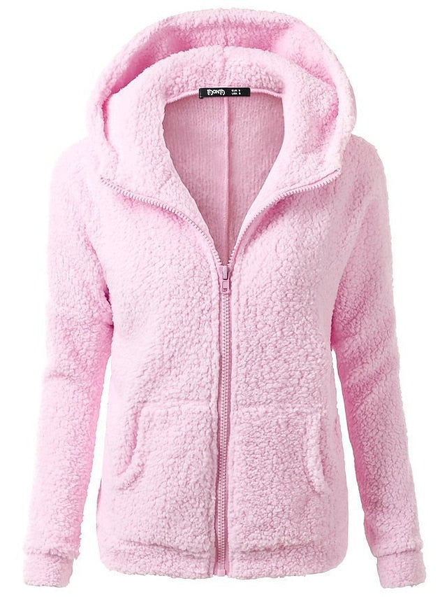 Zip Hoodie Sweatshirt Pullover Sherpa Fleece Teddy Zip Up Front Pocket Black White Pink Solid Color Street Hoodie Long Sleeve Fleece / Fleece lined for Women - LuckyFash™