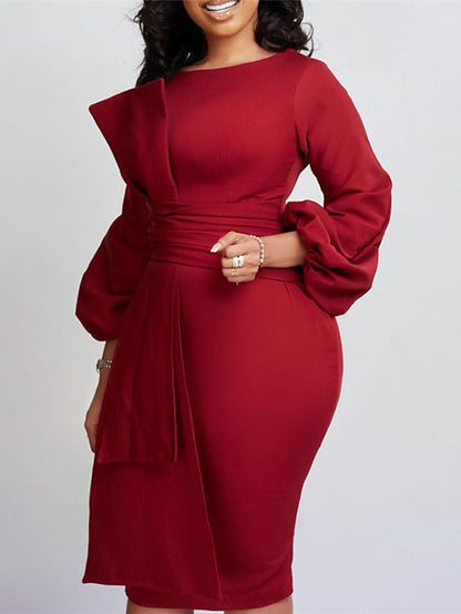 Women's Work Dress Sheath Dress Church Dress Midi Dress Black White Red Long Sleeve Pure Color Ruffle Winter Fall Spring Crew Neck Fashion 2023 S M L XL 2XL 3XL - LuckyFash™