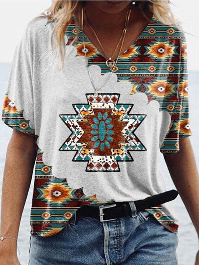 Retro Geometric Print V-neck Short-sleeved Top - LuckyFash™