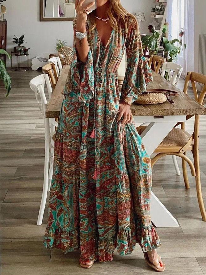 Retro High Waist 3/4 Sleeve Bohemian Dress - LuckyFash™