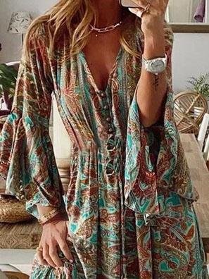Retro High Waist 3/4 Sleeve Bohemian Dress - LuckyFash™