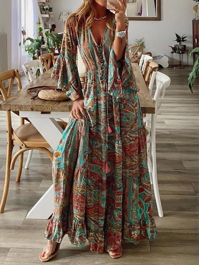 Retro High Waist 3/4 Sleeve Bohemian Dress - LuckyFash™