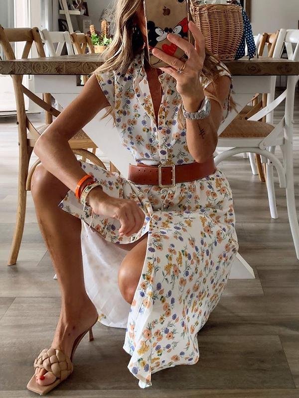 Retro Print Short Sleeve Split Dress - LuckyFash™