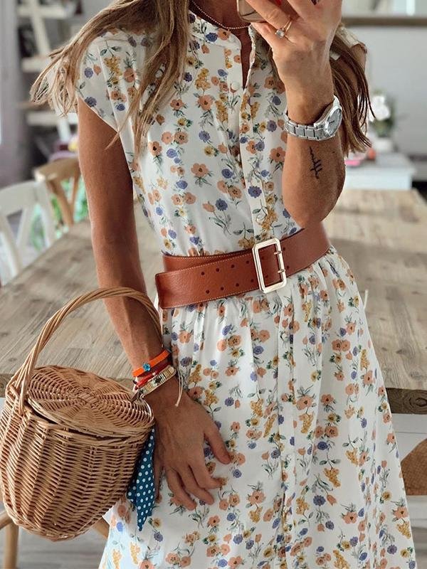 Retro Print Short Sleeve Split Dress - LuckyFash™