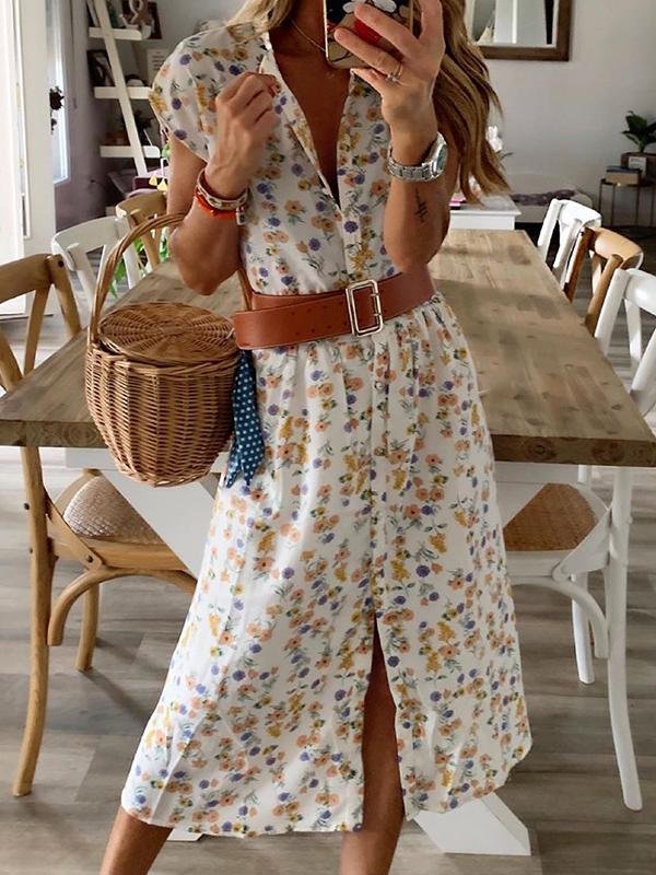 Retro Print Short Sleeve Split Dress - LuckyFash™