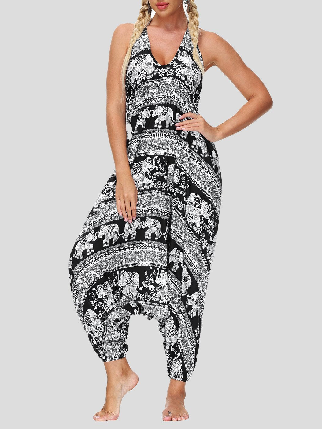 Retro Print V Neck Lace-up Halter Sports Yoga Jumpsuit - LuckyFash™
