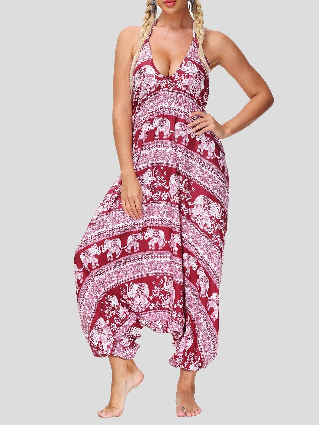 Retro Print V Neck Lace-up Halter Sports Yoga Jumpsuit - LuckyFash™